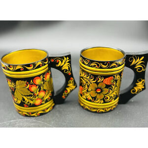 Vintage Khokhloma Mugs (2) 5" T & 3.5" D Top Wood Hand Painted Berries Flowers